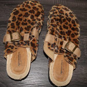 Slip on cheetah suede clogs